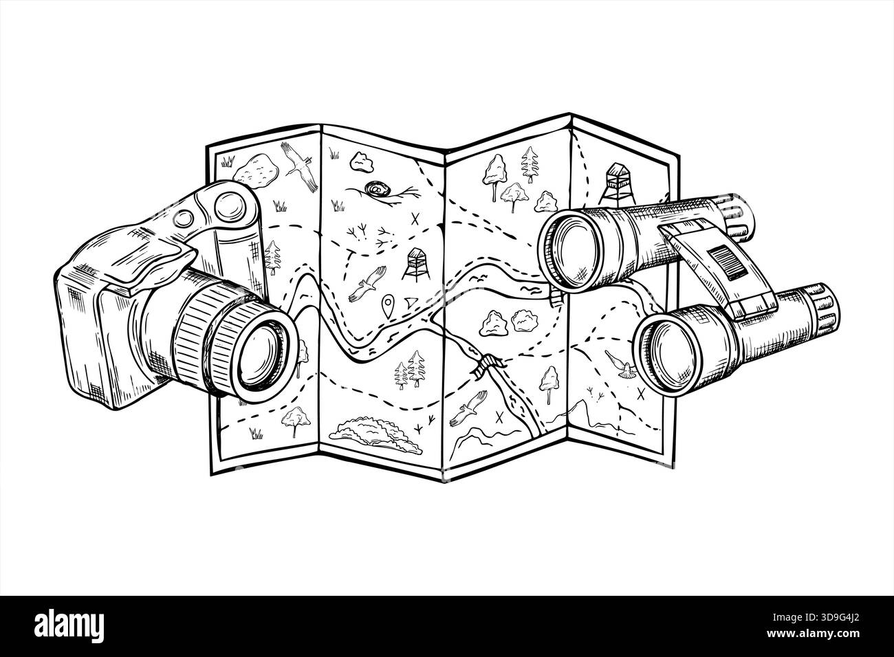 Hand gezeichnete Kamera und Fernglas liegen auf touristischem Pergament Karte Vektor isolierte Illustration. Karte mit Route und Zielpunkt, Vogelbeobachtung Stock Vektor