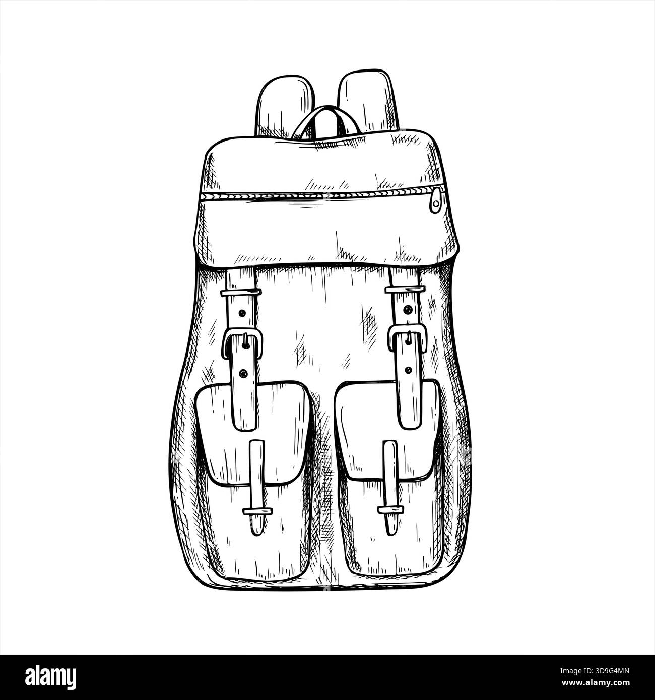 Rucksack mit Taschen Vektor isolierte Linie Tinte Illustration. Praktischer moderner Rucksack für das Studentenleben, den täglichen Pendelverkehr und städtische Reisekonzepte. Stock Vektor