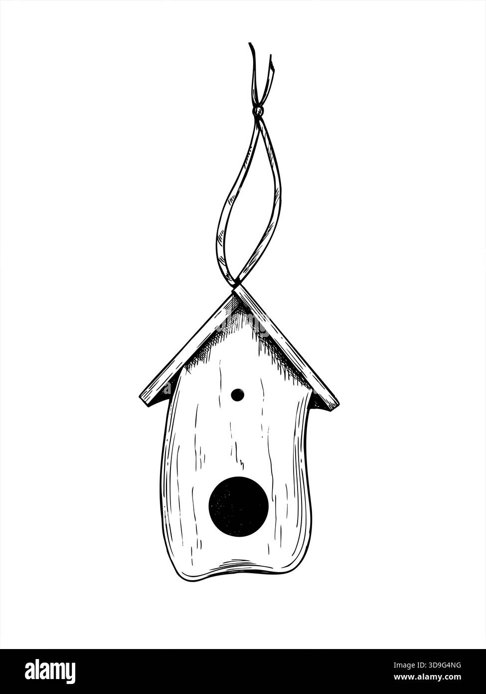 Dekoratives Vogelhaus mit Seilvektor isolierte Illustration gemalt von schwarzen Tinten. Hängendes hölzernes Vogelhaus mit rundem Loch, grafische Dachskizze. Stock Vektor