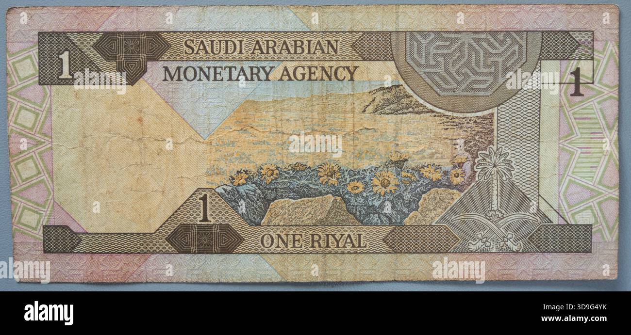 Umgekehrte Saudi-arabische ein-Riyal-Banknote, ausgegeben von der Währungsbehörde. 1990. Fahd bin Abdulaziz Al Saud Stockfoto