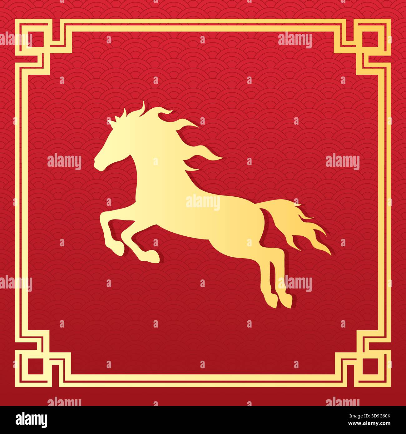 Festliches chinesisches Neujahrsfest mit goldener Pferdesilhouette und asiatischem Wellenmuster. 2026 ist das Jahr des Pferdes. Vektorabbildung Stock Vektor