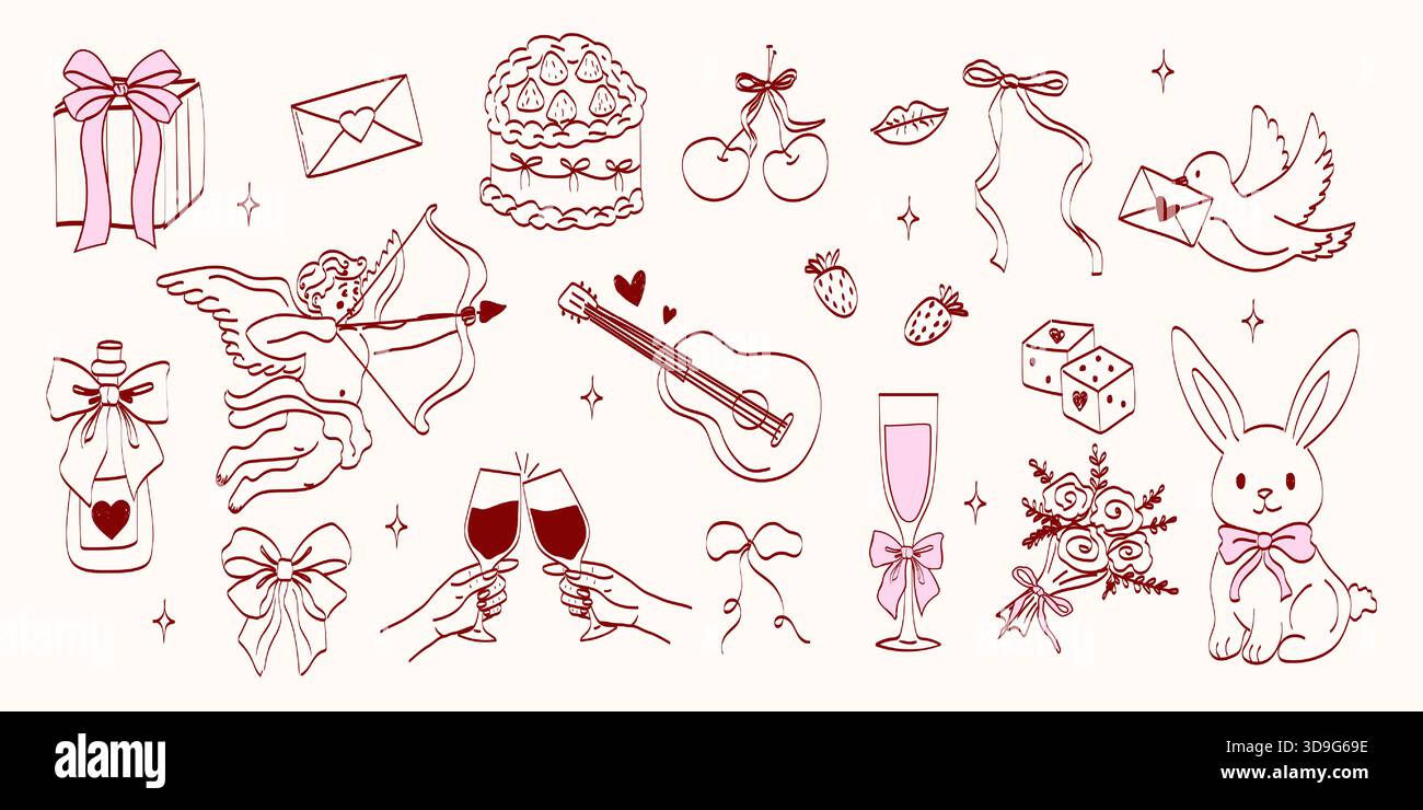 Handgezeichnete Coquette-Hochzeitselemente. Niedliche Vintage-Symbole mit Band und Schleife im schlichten Zeichenstift-Stil. Trendige Kunst für Valentinstag und Bachelor Stock Vektor