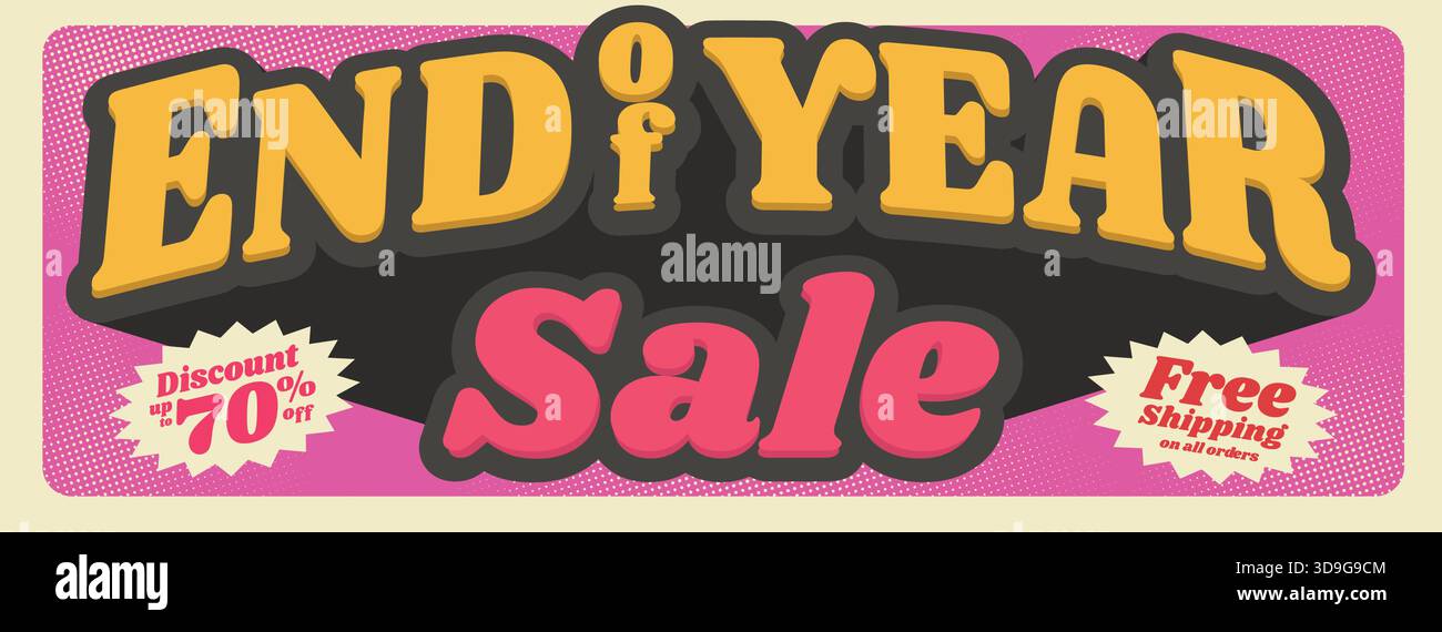 Vorlage für Verkaufsbanner zum Jahresende. Auffälliger Vintage-Style. Rabatt bis 70% und kostenloser Versand. Werbebanner teplate-Vektor-Illustration Stock Vektor