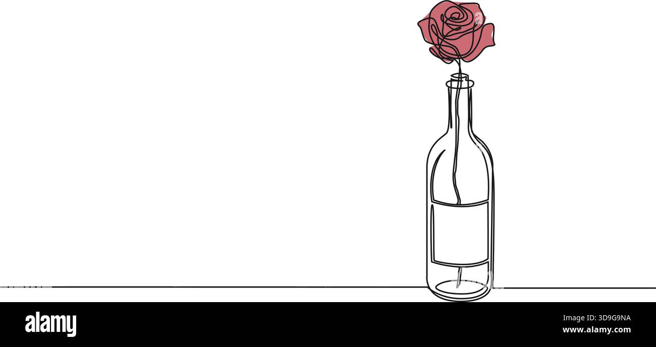Durchgehende Linienzeichnung einer einzelnen Rose in leerer Flasche, Strichgrafik-Vektor-Illustration Stock Vektor