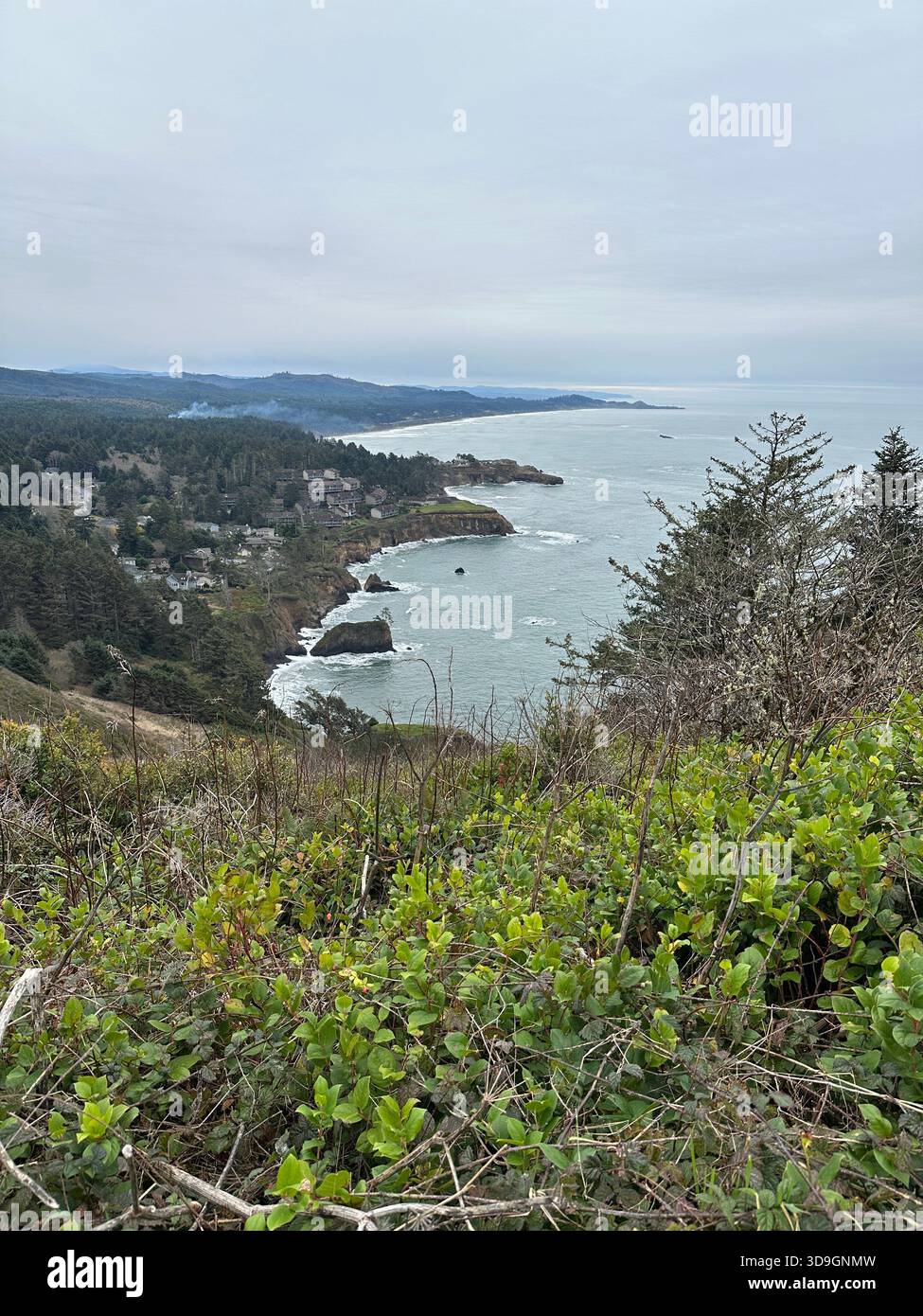 Blick auf Depoe Bay, Oregon vom Aussichtspunkt Otter Crest State Scenic Viewpoint. - Smartphone-aufgenommenes Stockfoto