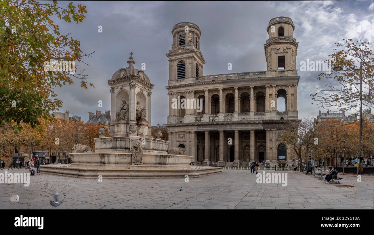 Paris, Frankreich - 11 15 2025: Saint-Germain-des-Pres. Blick von der Fassade der Kirche Saint-Sulpice und auf den Brunnen Stockfoto