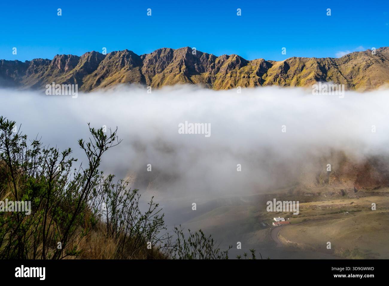 Wolken bedecken die Berge am frühen Morgen. Los Cardones Nationalpark, Salta, Argentinien. Stockfoto