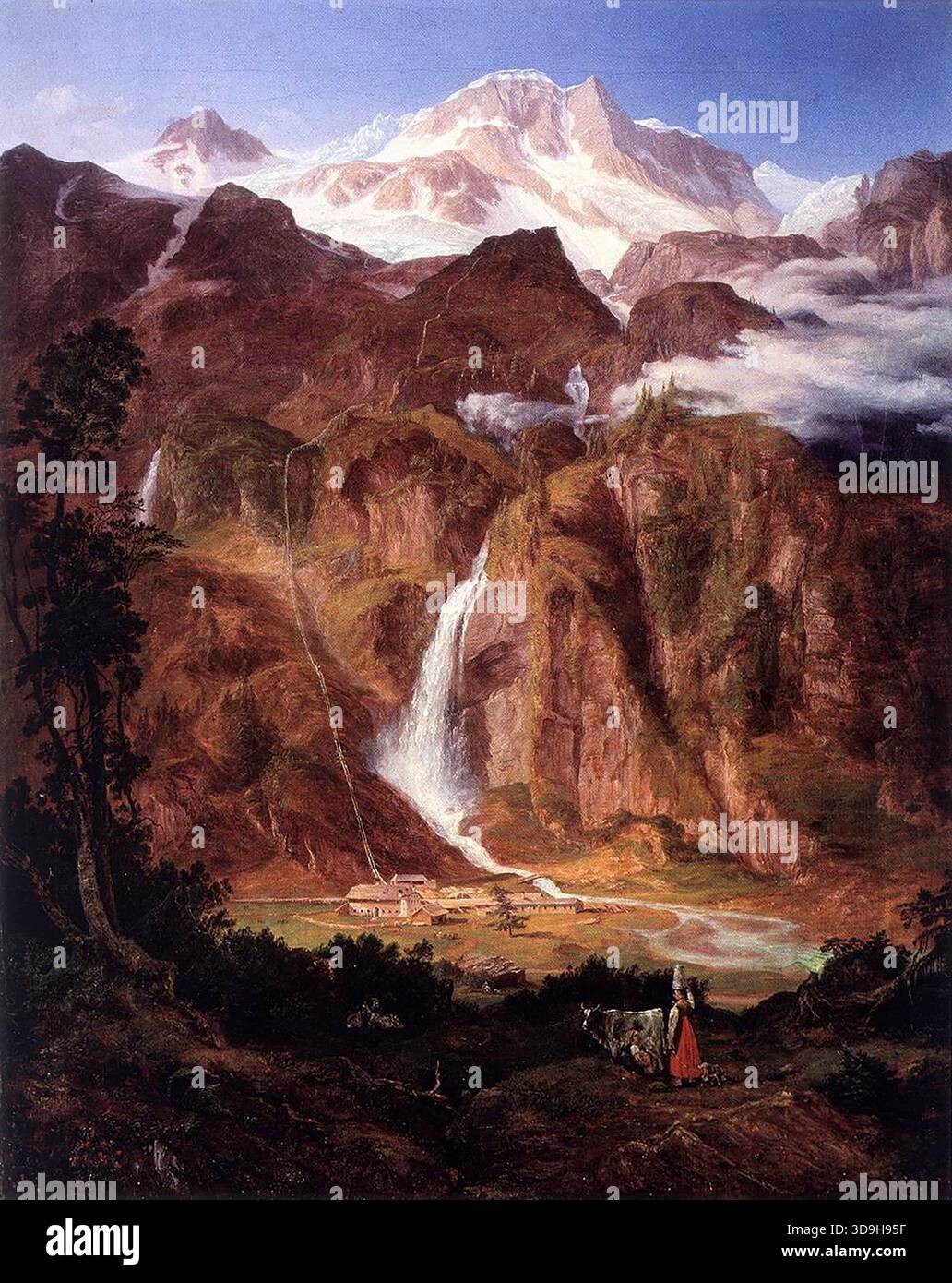 LOOS, Friedrich (* 1797, Graz, d. 1890, Kiel) Kolm Saigurn im Rauristal mit dem Sonnblick 1835 Öl auf Leinwand, 73 x 58 cm Residenzgalerie, Salzburg in seiner imposanten Darstellung des Sonnblick mit rauschendem Wasserfall und Kolm Saigurn demonstriert Loos überzeugend die Elementarhaftigkeit hochalpiner Gebiete und die in ihnen aktiven Naturkräfte. Loos' Art zeigt, dass er ein Pionier der realistischen Landschaftsmalerei ist. Die traditionelle barocke Vordergrundlandschaft mit romantisierenden Personalfiguren führt jedoch in die heroisch idealisierte, expansive Bildkomposition Stockfoto