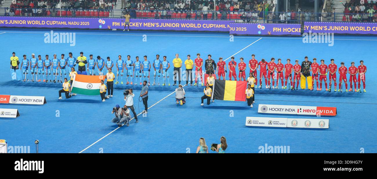 Chennai, Tamil Nadu, Indien. Dezember 2025. FIH Hockey Männer Junioren-Weltmeisterschaft Tamil Nadu 5. Dezember 2025 .INDIEN gegen BELGIEN .INDIA .INDIA sicherte Belgien nach einem 2'''"2 Unentschieden in der Regelleistung in ihrem Spiel der FIH Junioren-Weltmeisterschaft im Bürgermeister Radhakrishnan Stadion in Chennai mit 4''"3. (Kreditbild: © Seshadri Sukumar/ZUMA Press Wire) NUR REDAKTIONELLE VERWENDUNG! Nicht für kommerzielle ZWECKE! Stockfoto