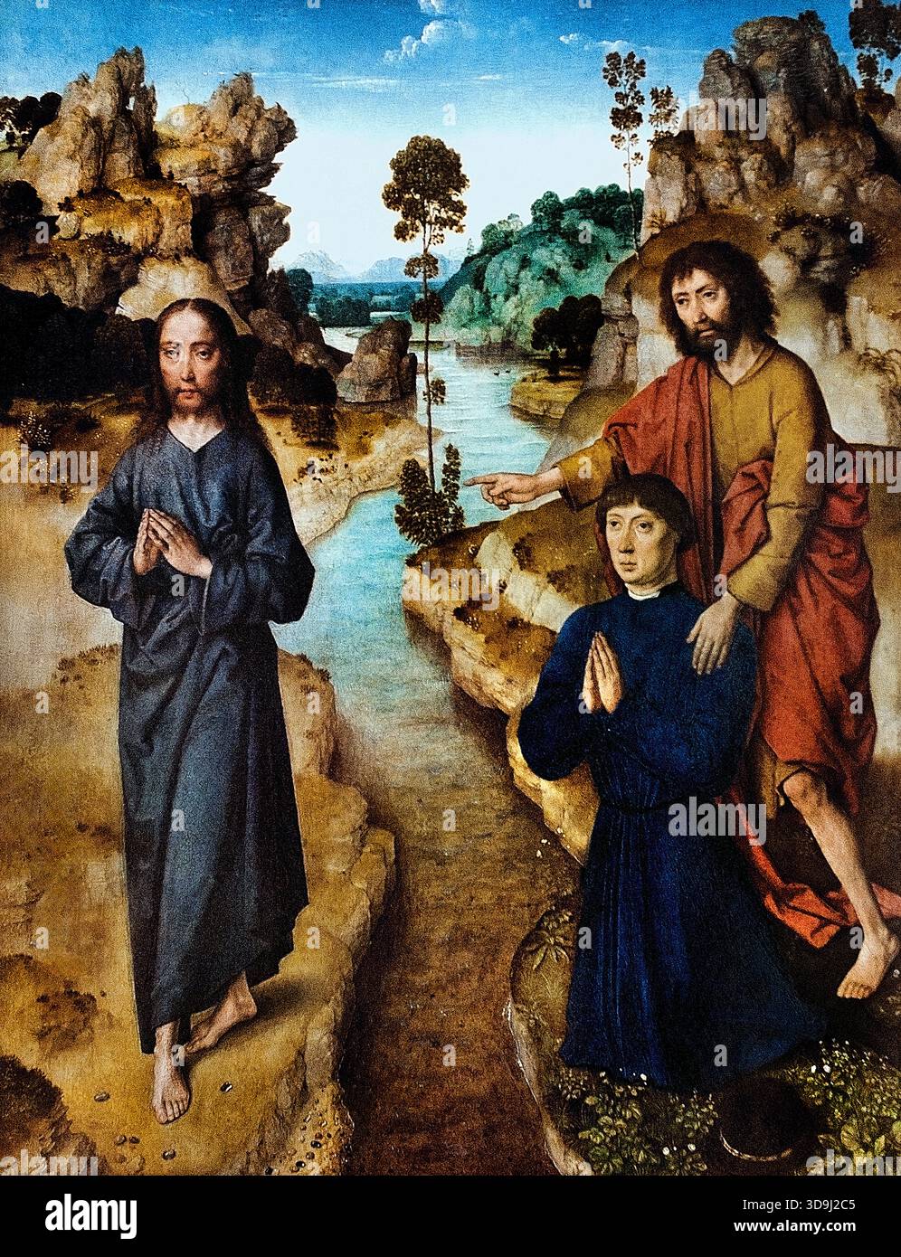 ECCE AGNUS DEI ( Johannes weist auf Jesus – Johannes umfasst Jesus ) 1462/64 DIERIC BES the Älteren 1410-1475 Niederlande ( Leben des Heiligen Johannes des Täufers, ein Prophet, der Jesu Ankunft als christlicher Erlöser voraussagte). Siehe, das Lamm Gottes Stockfoto