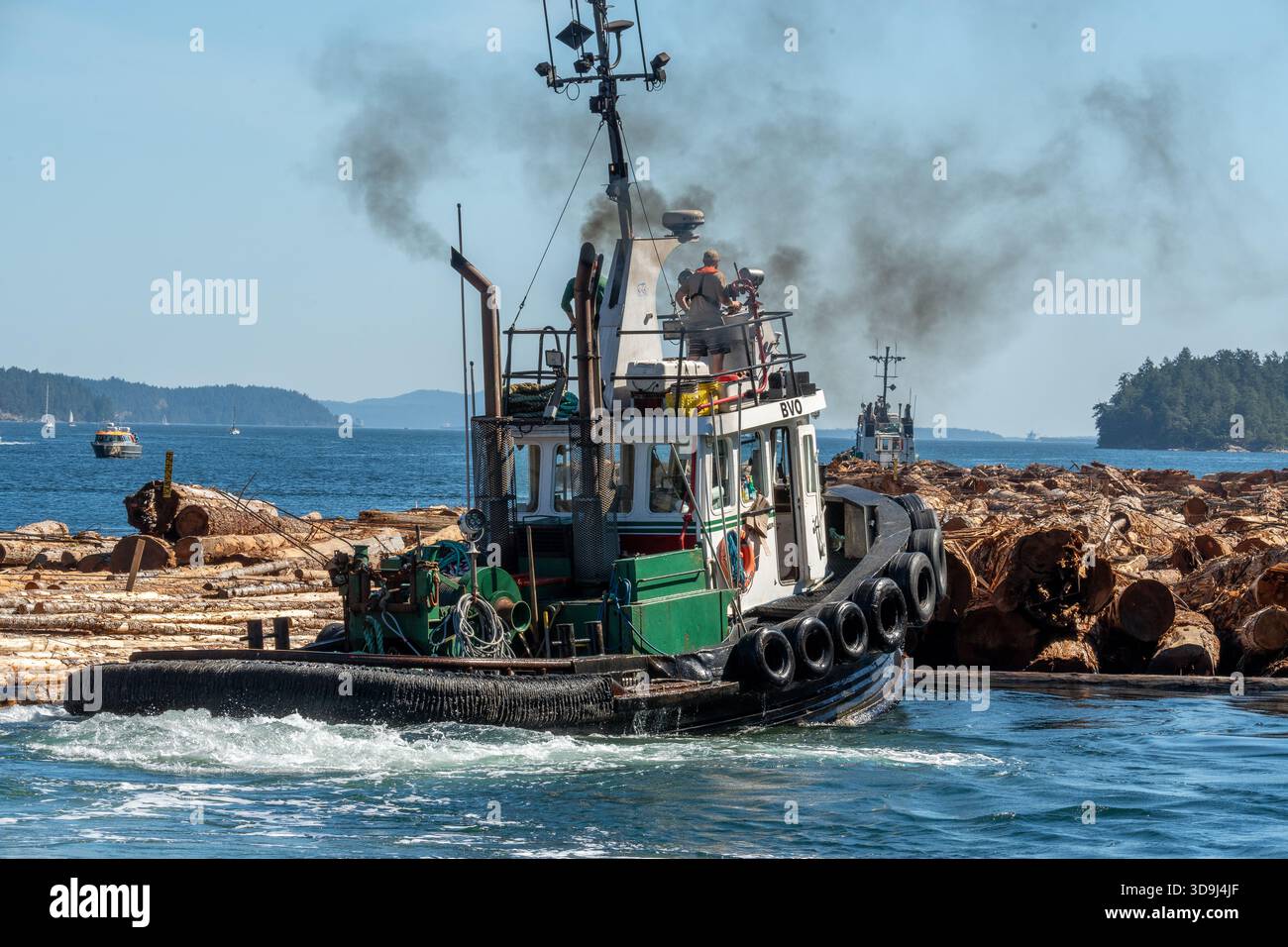 Grün-weißes Schleppboot fährt durch Küstengewässer vorbei an Holzbooms, wobei schwarzer Dieselrauch aus seinem Stapel in British Columbia weht. Stockfoto