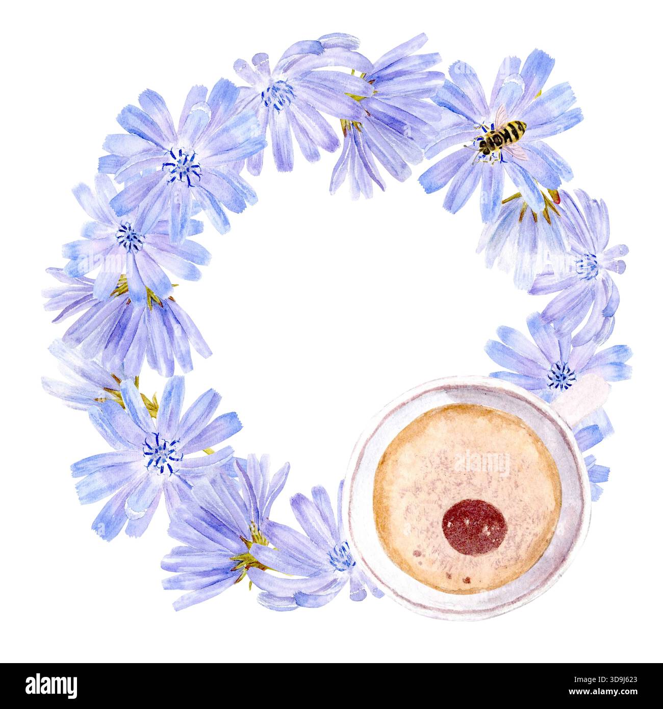 Ein runder Rahmen mit pastellblauen Zichorienblüten, Bienen und einem Getränk in einer weißen Tasse, Aquarellillustration. Einfache Clip-Art eines koffeinfreien Kaffees Stockfoto