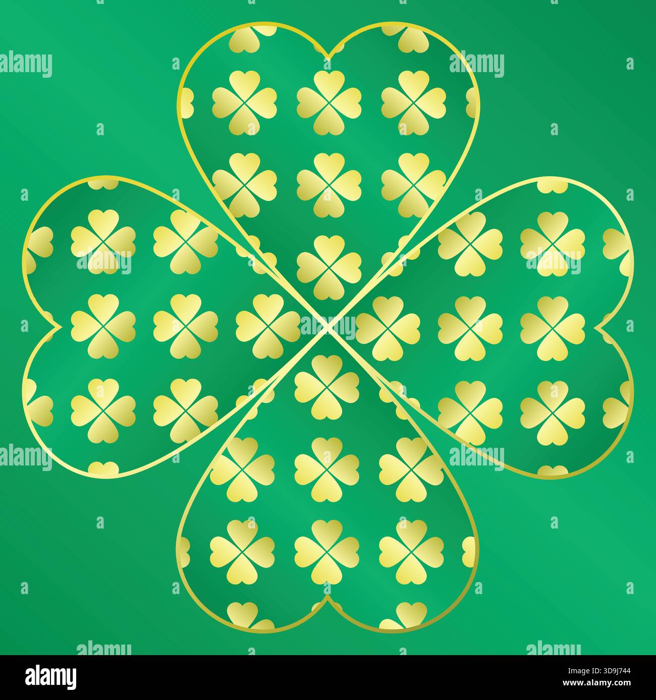 Irischer vier-Blatt-Klee mit goldenem Kleeblatt-Muster innen Stock Vektor