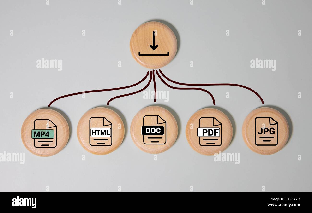 Holzkiste mit Symbol zum Speichern von Dateien oder Download-Dateiformat DOC, JPG, RAR, TXT, XLS, CSV, DLL- und MP3-Datei. Dateisymbole sind in Ordnern angeordnet. Konzept Do Stockfoto