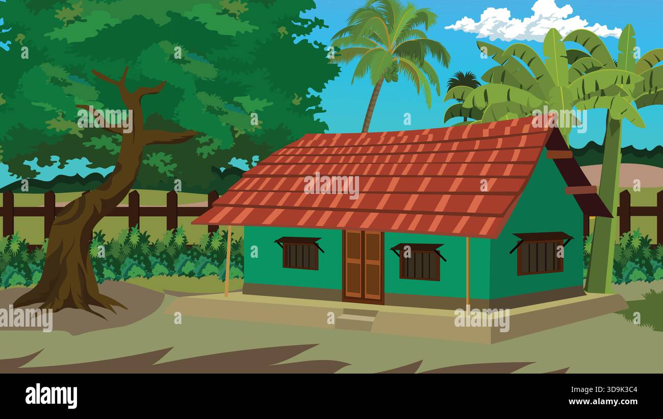 Indian Village House Landscape Illustration Stock Vektor