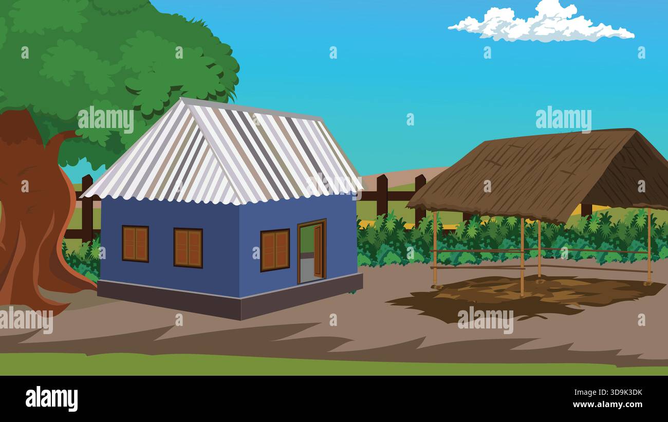 Indian Village House Landscape Illustration Stock Vektor