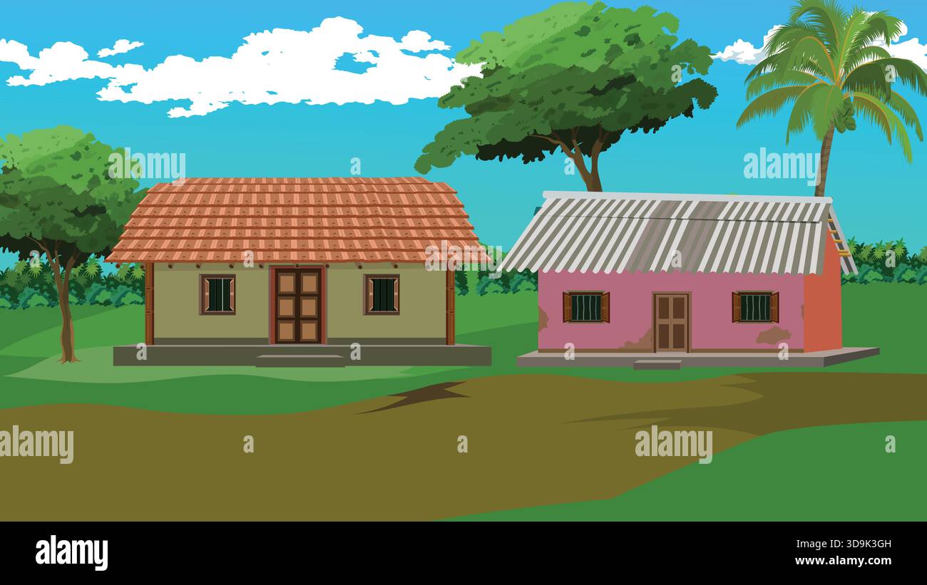 Indian Village House Landscape Illustration Stock Vektor
