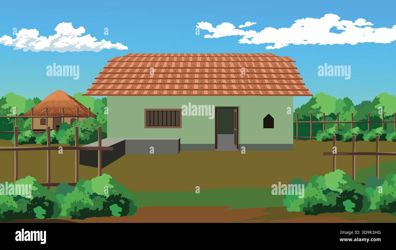 Indian Village House Landscape Illustration Stock Vektor