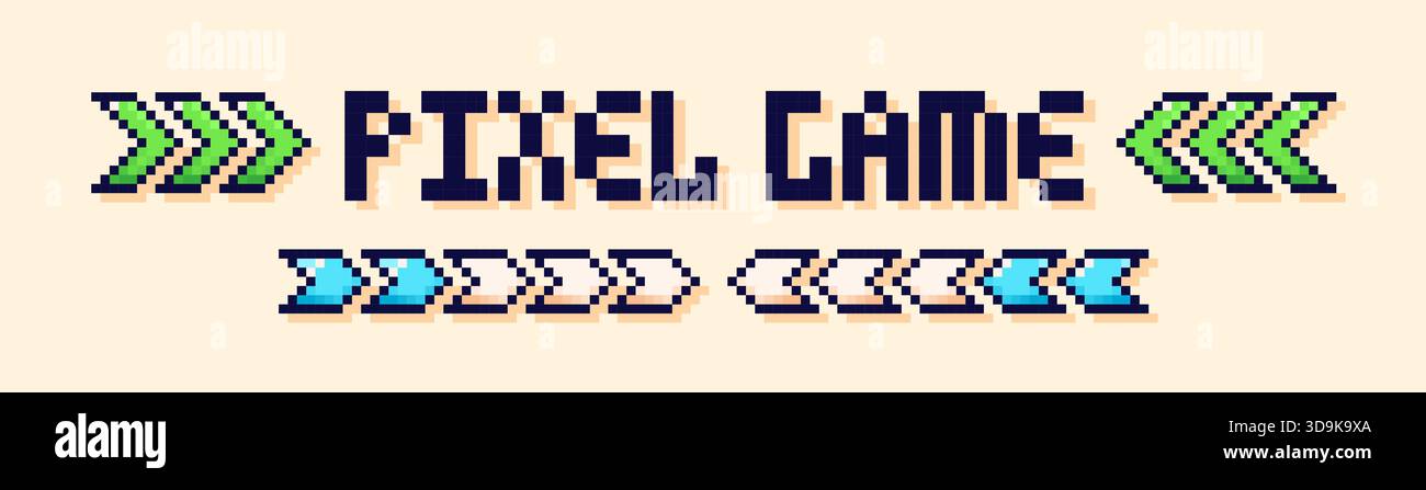 Pixel-Game-Logo mit Ladebalken und Pfeilen. Stock Vektor