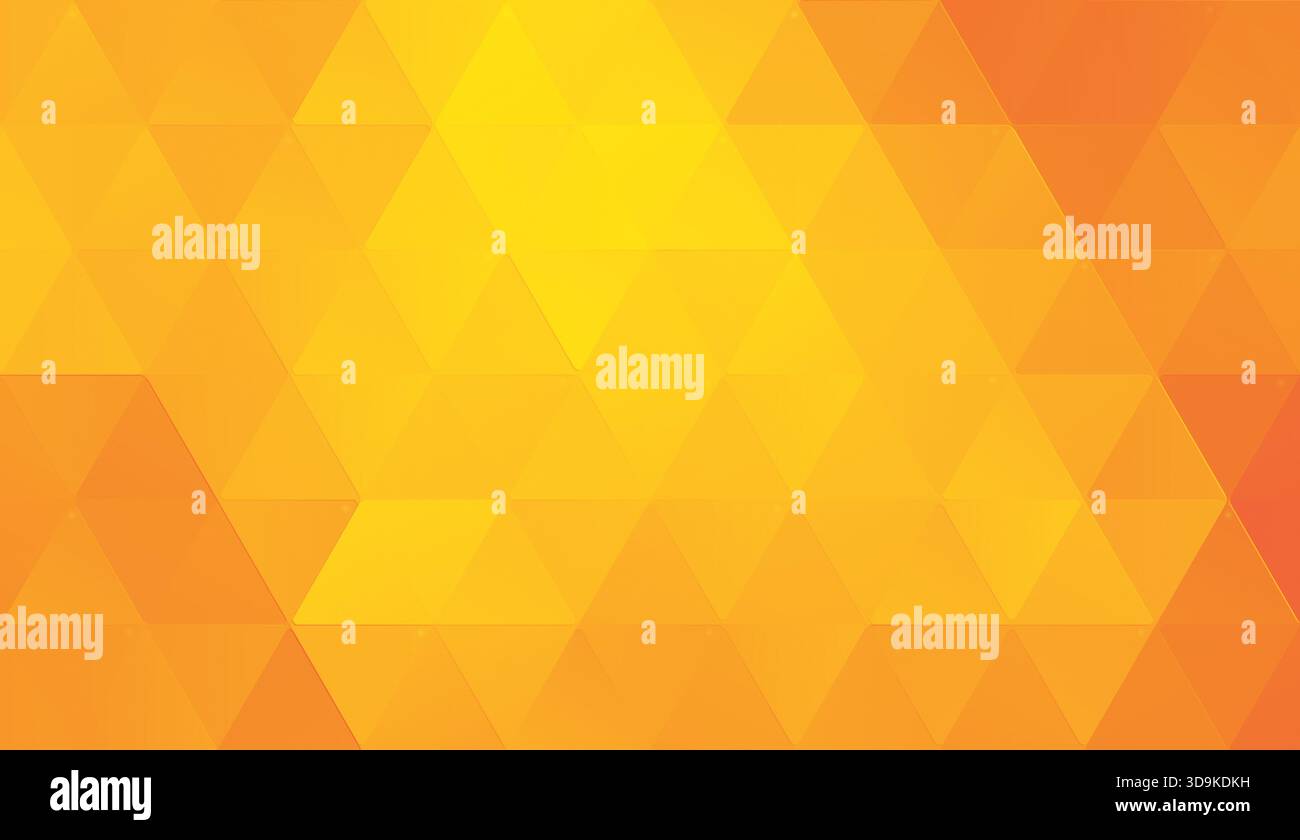 Abstrakter Hintergrund vieler großer abgerundeter Dreiecke mit 3D-Effekt in verschiedenen Gelb- und Orangentönen. Hintergrund geometrischer Dreiecksform. Stockfoto