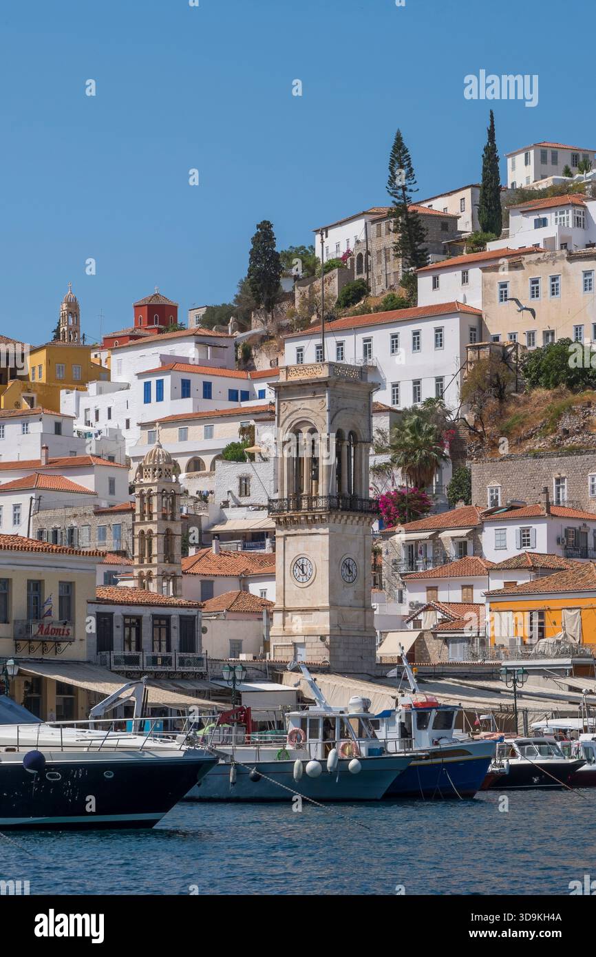 Uhrenturm, Dorf und Hafen der Insel Hydra, Griechenland Stockfoto