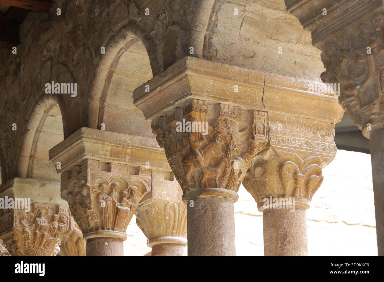 Kloster von Sainte Maria de L'Estany, einige interessante Klosterskulpturen Stockfoto