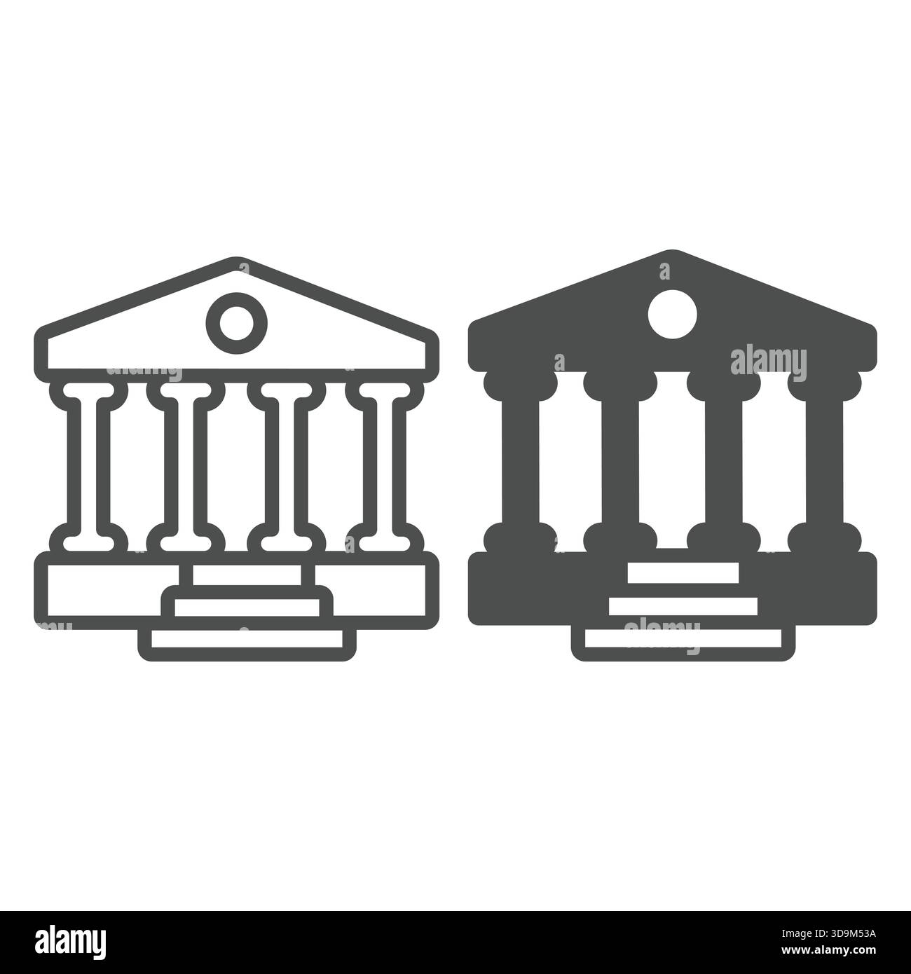 Hauslinie und solides Symbol, Gesetz und Ordnung. Vektorgrafiken. Bankgebäude mit römischen Säulen und Treppenschild auf weißem Hintergrund, Umriss Stock Vektor