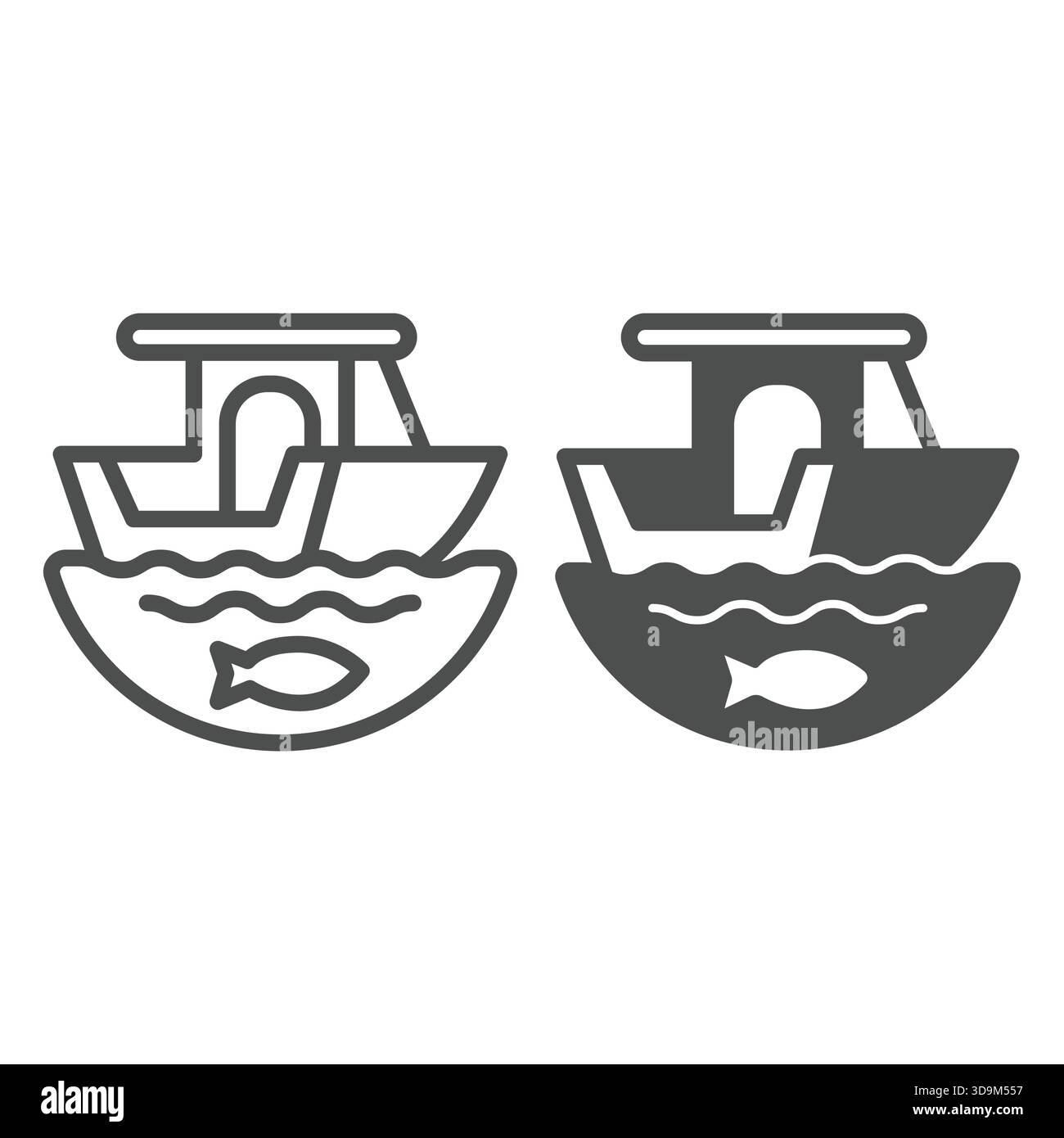 Boot auf Wasserwellen und Fischleine und solides Symbol, Ökotourismuskonzept. Vektorgrafiken. Motorboot zum Angeln, Schild für den Wassertransport auf weißem Hintergrund, o Stock Vektor