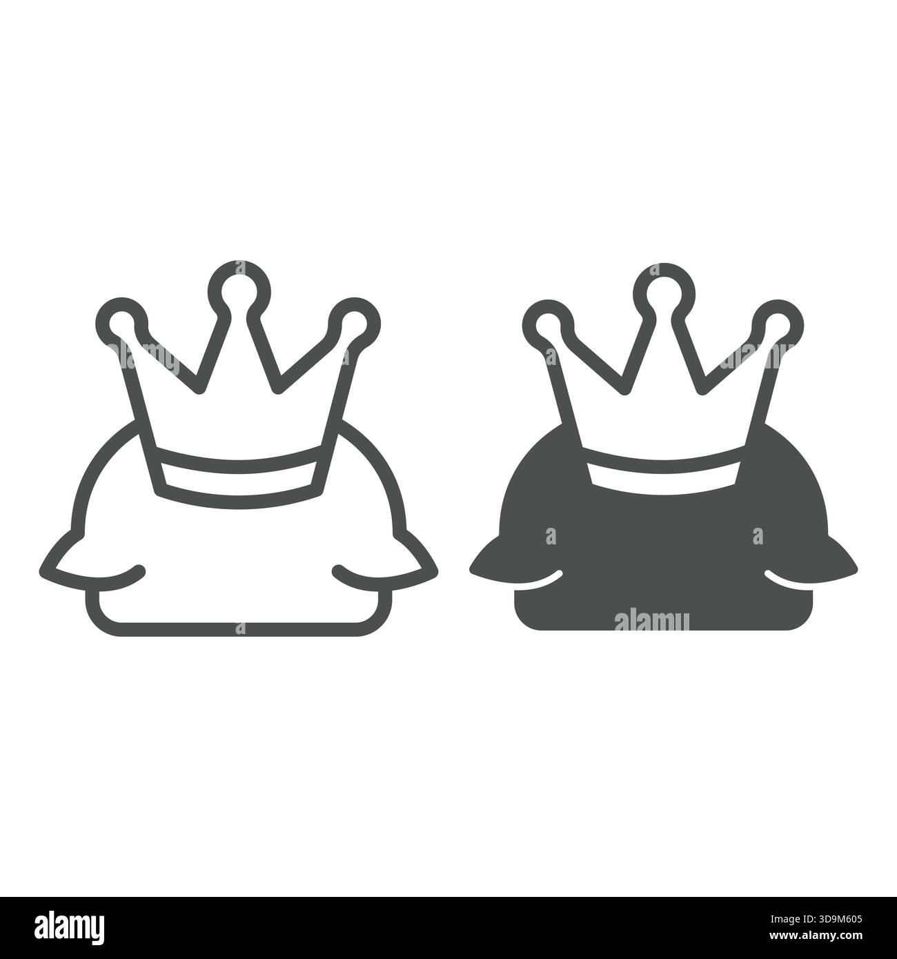 Goldene Krone auf Kissenlinie und festes Symbol, Stadtmuseum-Konzept. Vektorgrafiken. Krone der Königin oder des Königs, königliche Person Schild auf weißem Hintergrund, Outli Stock Vektor
