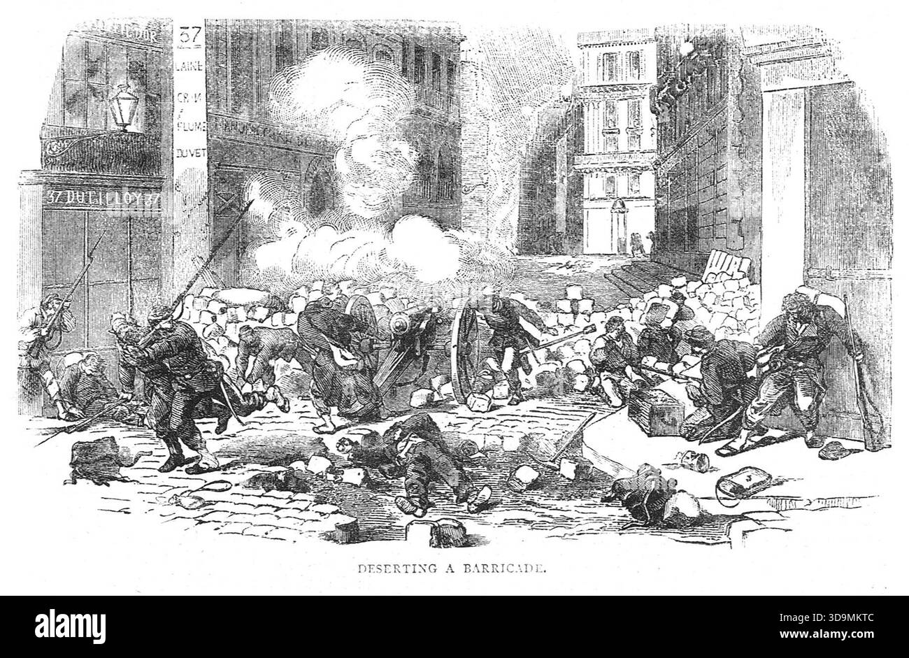 Während der Pariser Kommune, der revolutionären Regierung, die am 18. März 1871 in Paris die Macht eroberte, aus einer Barrikade fliehen, von Regierungskräften unter Beschuss. Stockfoto