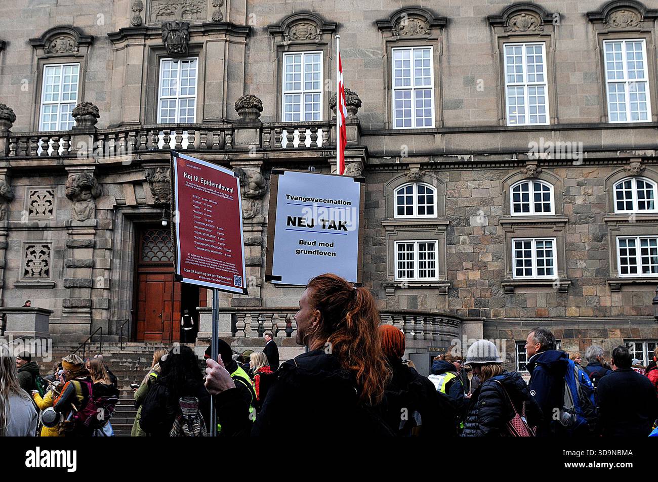 Kopenhagen / Dänemark.,13. 2020. November/ Dänen veranstalteten ´vor dem dänischen parlament christiansborg eine Kundgebung, um die Gesetze zur Coronavirus-Pandemie zu stoppen, indem sie die Nation für die Behandlung von msk und Impfstoffen sowie Behandlungen im Covid-19-Zeitalter vorauspelten. .(Foto von Francis Dean/Deanipictures) Stockfoto