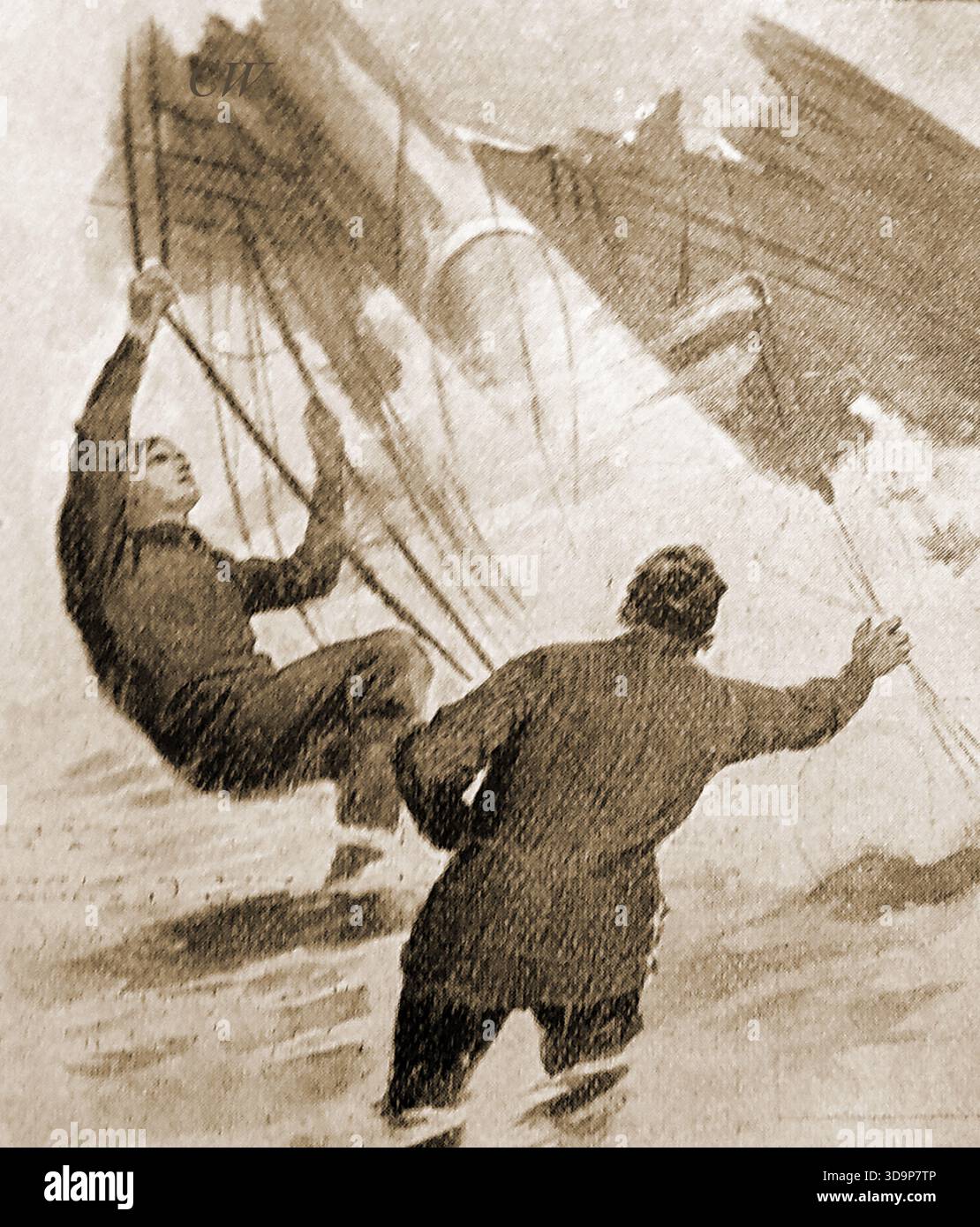 1901 Bild von Seeleuten, die sich an der Takelage festhalten, um ihr Leben bei einem Schiffbruch zu retten. Stockfoto