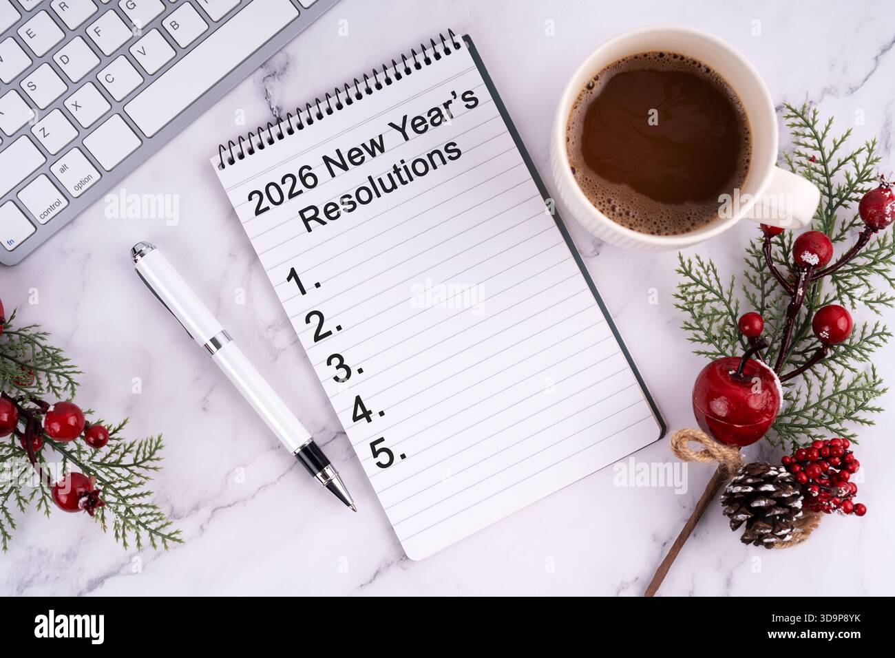 Neujahrsvorsätze 2026 Liste auf Notizblock Neujahrskonzept Stockfoto