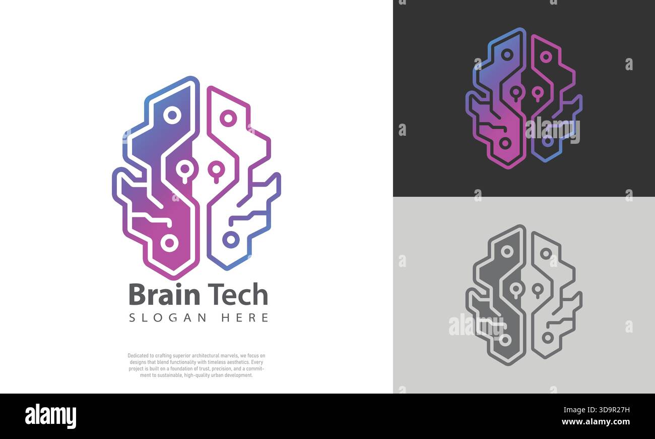 Die Abbildung des digitalen Brain Circuit-Logos zeigt ein abstraktes neuronales Netzwerk mit einem leuchtenden Farbverlauf auf einem sauberen weißen Hintergrund Stock Vektor
