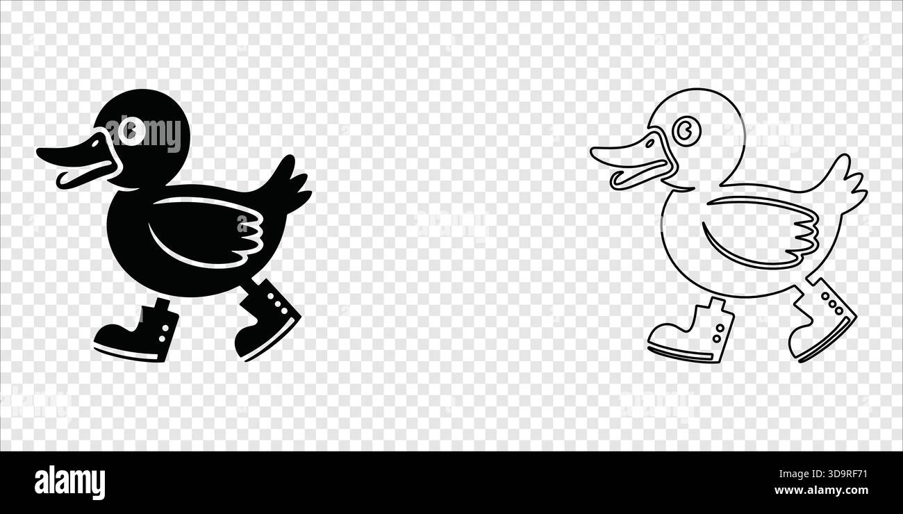 Ente trägt Stiefel Silhouette und Linie Art Paar, Vektor-Illustration Stock Vektor