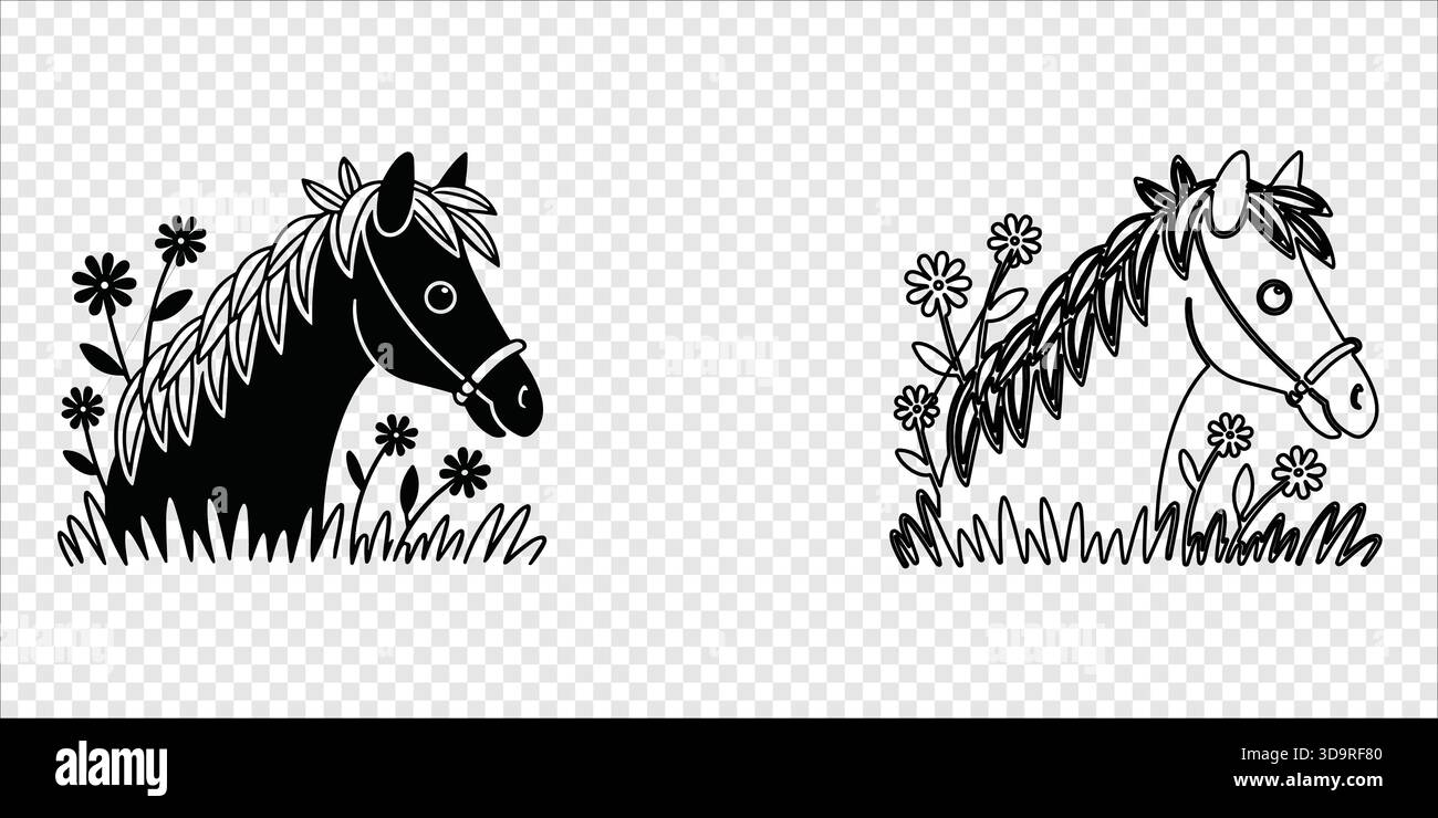 Pferd Kopf mit Blumen Silhouette und Linie Kunst, Vektor-Illustration Stock Vektor