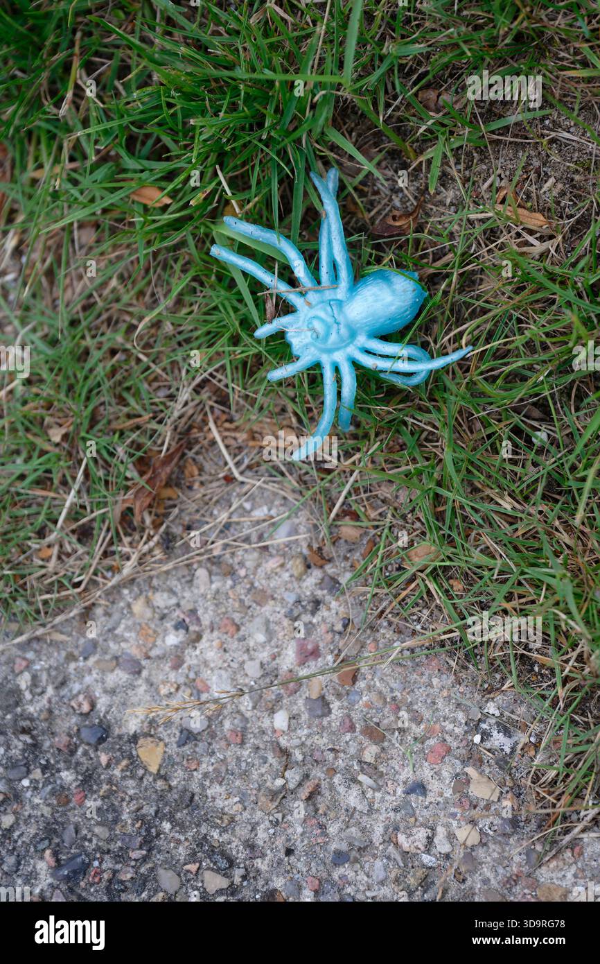 Eine blaue Spielzeugspinne liegt auf Gras neben einem Betonweg. Stockfoto
