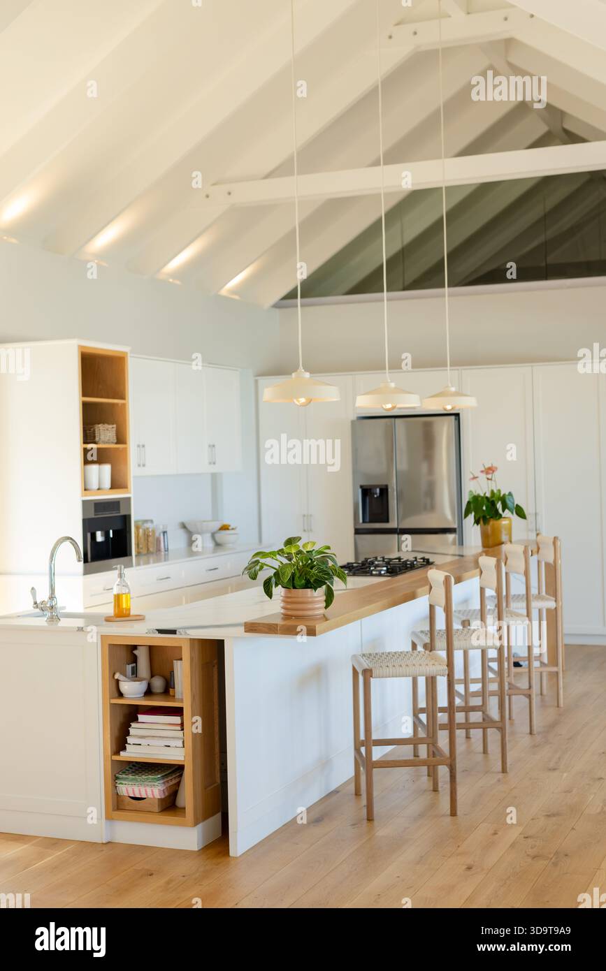 Zentrale Kücheninsel mit Holzarbeitsfläche unter Deckenleuchten mit offenen Regalen Stockfoto