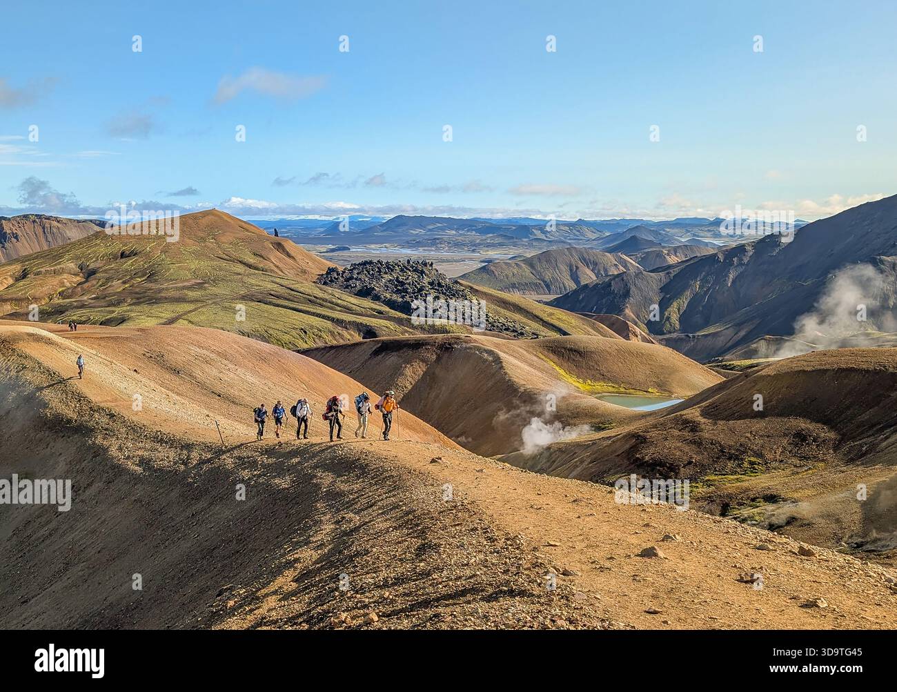 Eine Gruppe von Wanderern folgt einem Höhenweg mit Blick auf die farbenfrohen Rhyolith-Berge und geothermische Dampfdüsen. Stockfoto