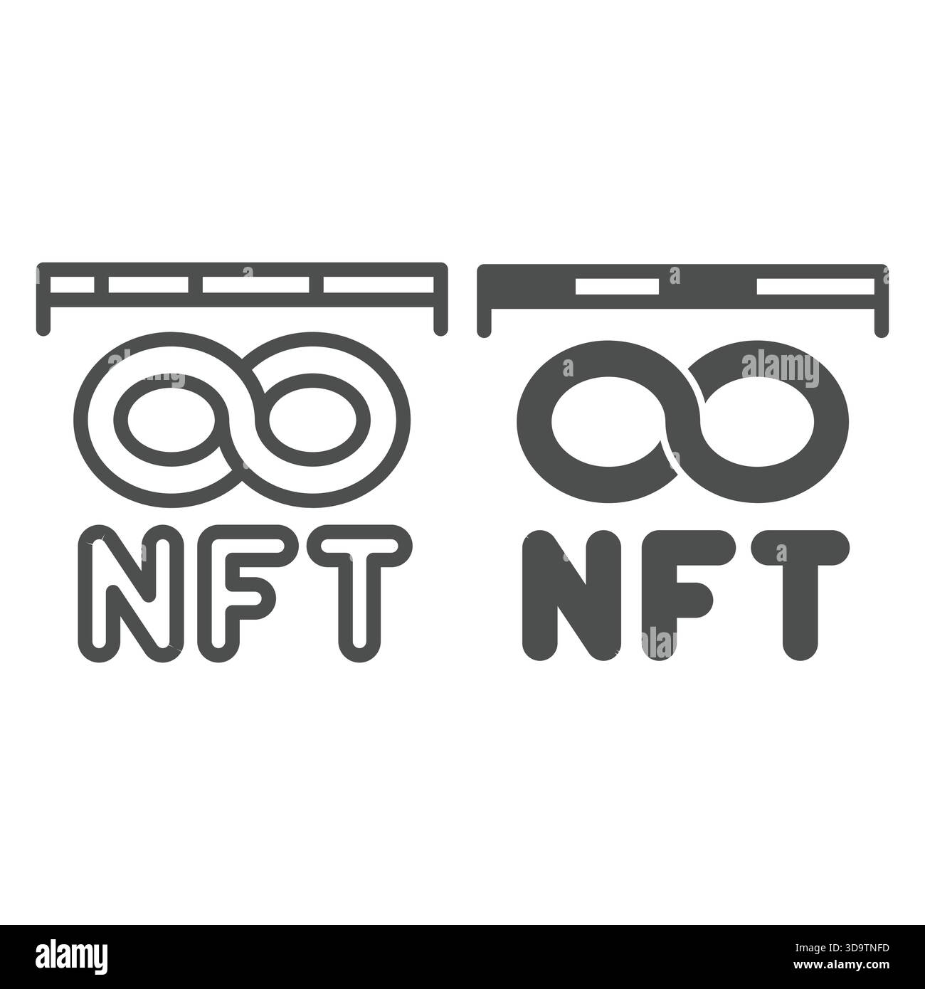 Lineal mit NFT-Token und Infinity-Linie und ausgefülltem Symbol, Konzept für neuronale Datensätze. Vektorgrafiken. Netzwerkdaten und Blockchain-Token melden sich auf weißem Backgr an Stock Vektor