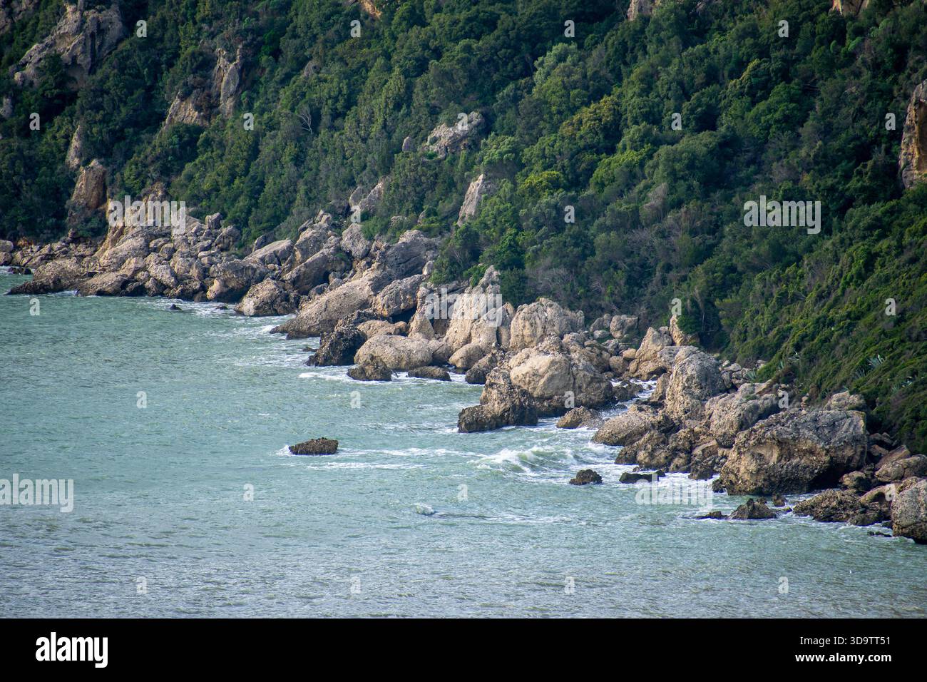 Wilde und zerklüftete felsige Küste: Mächtige Wellen treffen auf die Küste, die von Low Green Cliffs und Headlands hervorgehoben werden und den ungezähmten Powe einfangen Stockfoto
