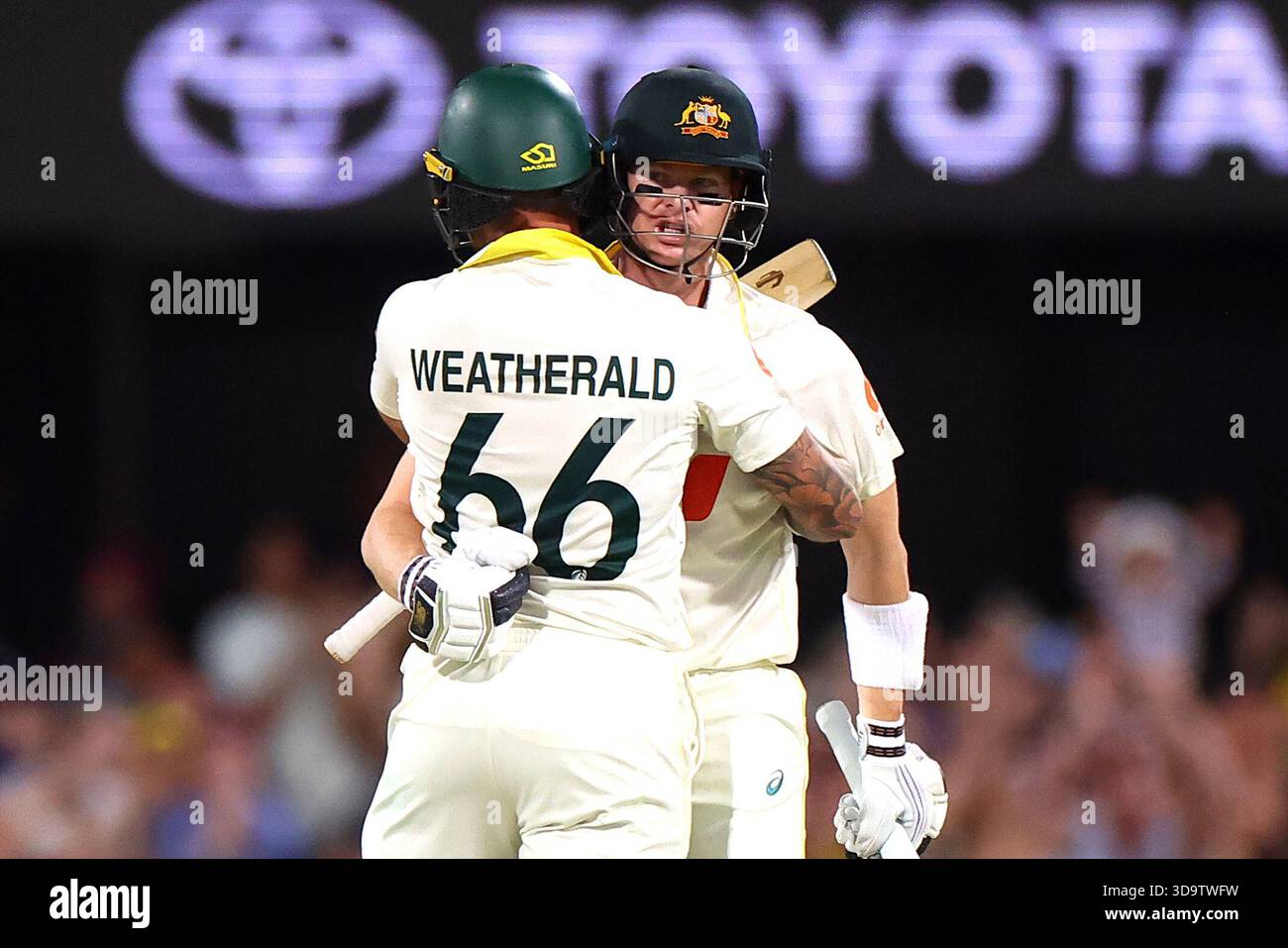 Brisbane, Australien. Dezember 2025. Steve Smith aus Australien feiert den Sieg Australiens am 4. Tag des zweiten Tests in der NRMA Insurance Ashes Series Australien gegen England im Gabba, Brisbane Cricket Ground, Brisbane, Australien, 7. Dezember 2025 (Foto: Pat Hoelscher/News Images) *** GER AUT SUI OUT *** Credit: News Images LTD/Alamy Live News Stockfoto
