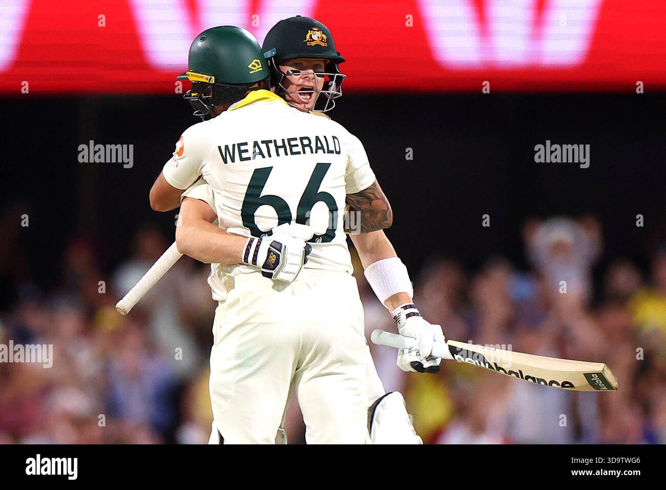 Brisbane, Australien. Dezember 2025. Steve Smith aus Australien feiert den Sieg Australiens am 4. Tag des zweiten Tests in der NRMA Insurance Ashes Series Australien gegen England im Gabba, Brisbane Cricket Ground, Brisbane, Australien, 7. Dezember 2025 (Foto: Pat Hoelscher/News Images) *** GER AUT SUI OUT *** Credit: News Images LTD/Alamy Live News Stockfoto