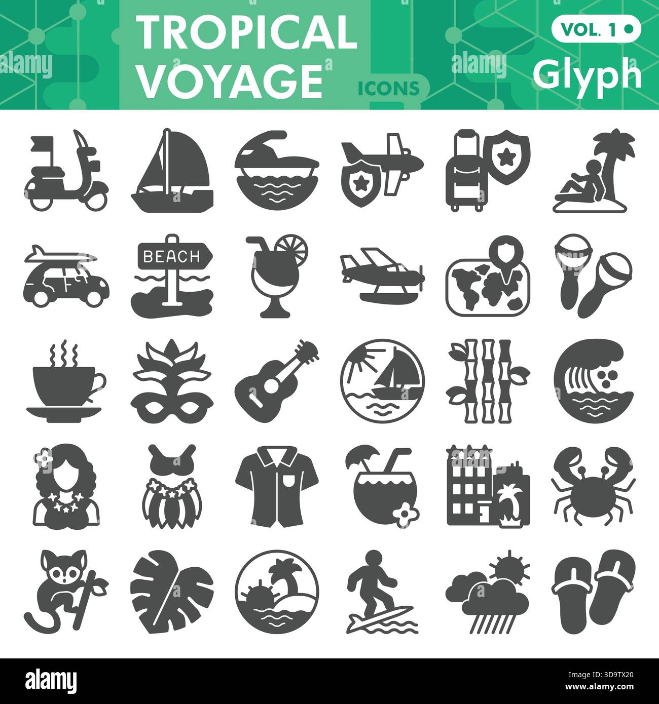 Tropische Voyage-Symbole, Sammlung oder Skizzen, Travel Journey-Themenbar in Glyphe-Stil-Schildern für Web und App. Vektorgrafiken isoliert auf weißem Hintergrund Stock Vektor