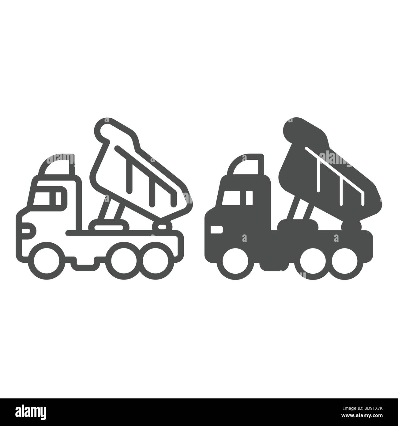 Lkw mit angehobener Karosserielinie und durchgehendem Symbol für ein Straßenkonzept. Vektorgrafiken. Kraftfahrzeug, Schild für schwere Transporte auf weißem Hintergrund, Outli Stock Vektor
