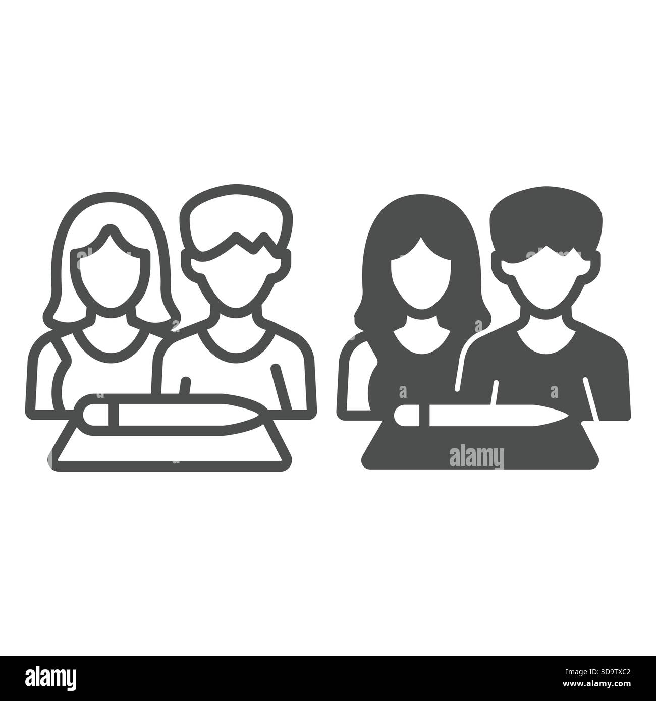 Verheiratetes Paar und Vertragspapier und solide Ikone, Familienanwaltkonzept. Vektorgrafiken. Dokument mit Stift und Unterschrift junger Leute auf weißem Hintergrund Stock Vektor