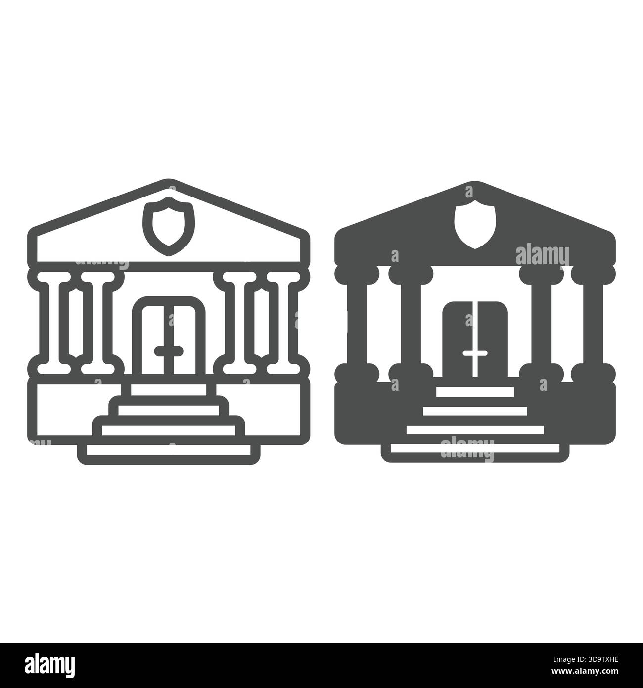 Gerichtsgebäude mit römischer Säulenlinie und solider Ikone, Konzept eines Familienanwalts. Vektorgrafiken. Gebäude mit Treppenhaus und Emblem Schild auf weißem Hintergrund Stock Vektor