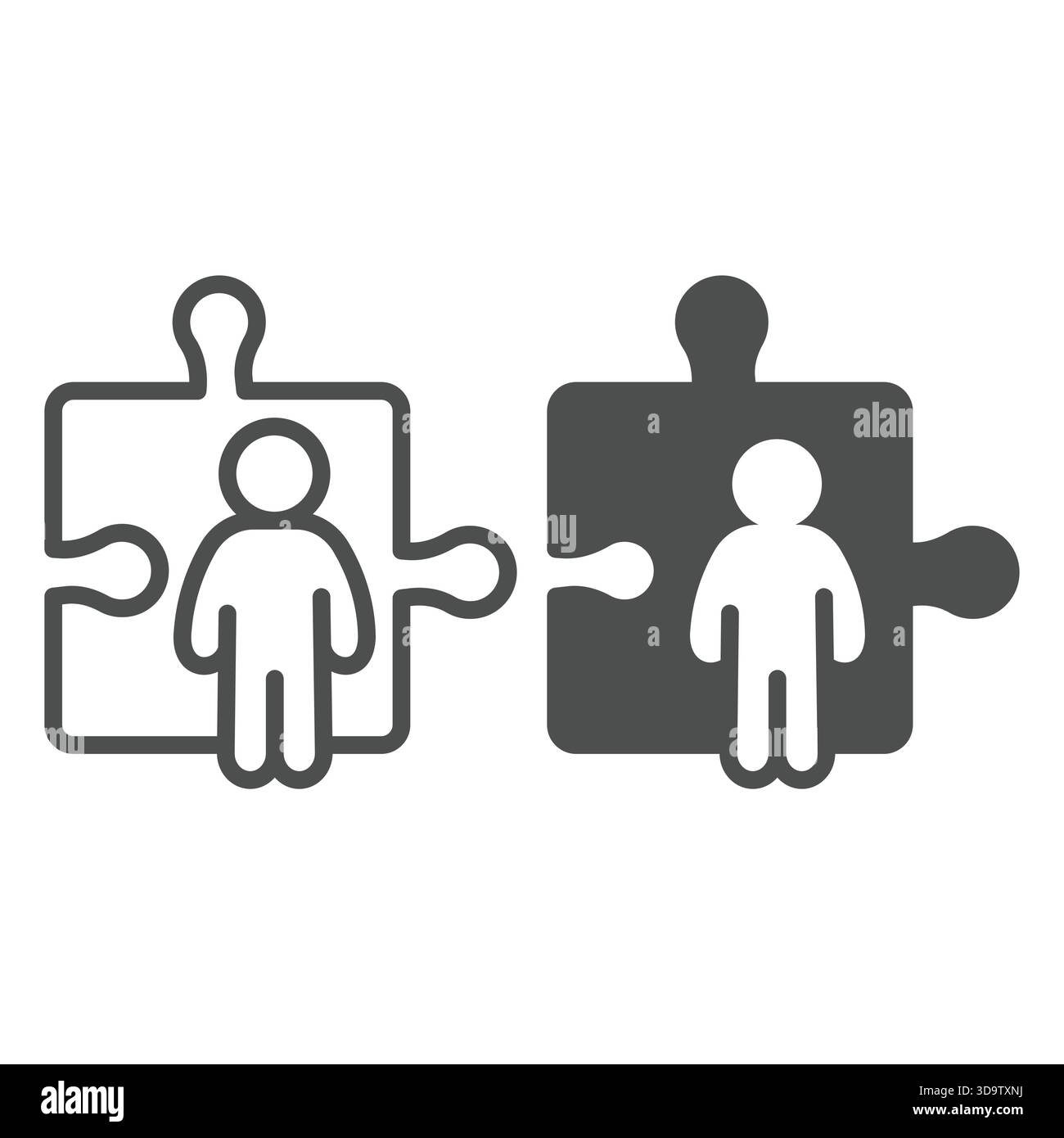 Mann und große Puzzleteile und solide Ikone, Design Recruitment Konzept. Vektorgrafiken. Puzzlespiel, menschliches Regressschild auf weißem Hintergrund, raus Stock Vektor