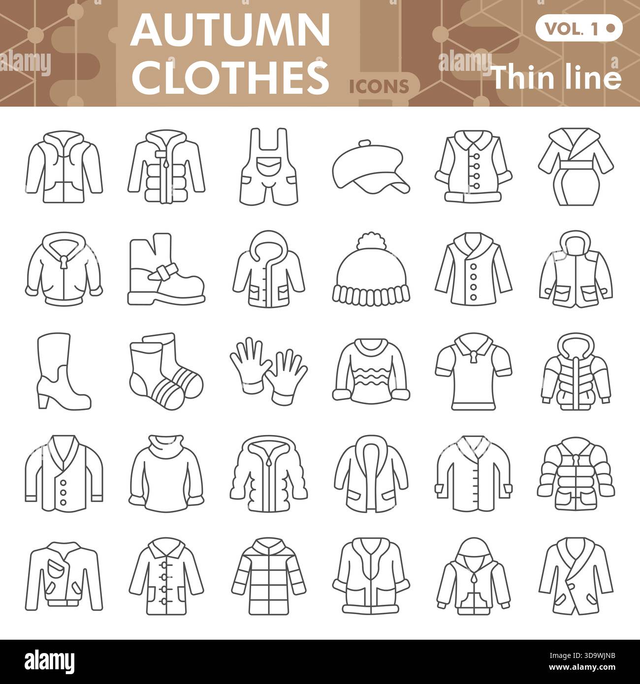 Kollektion oder Skizzen von Herbstsymbolen, Bekleidungsthema in dünnen Linien für Web und App. Vektorgrafiken isoliert auf weißem Hintergrund Stock Vektor