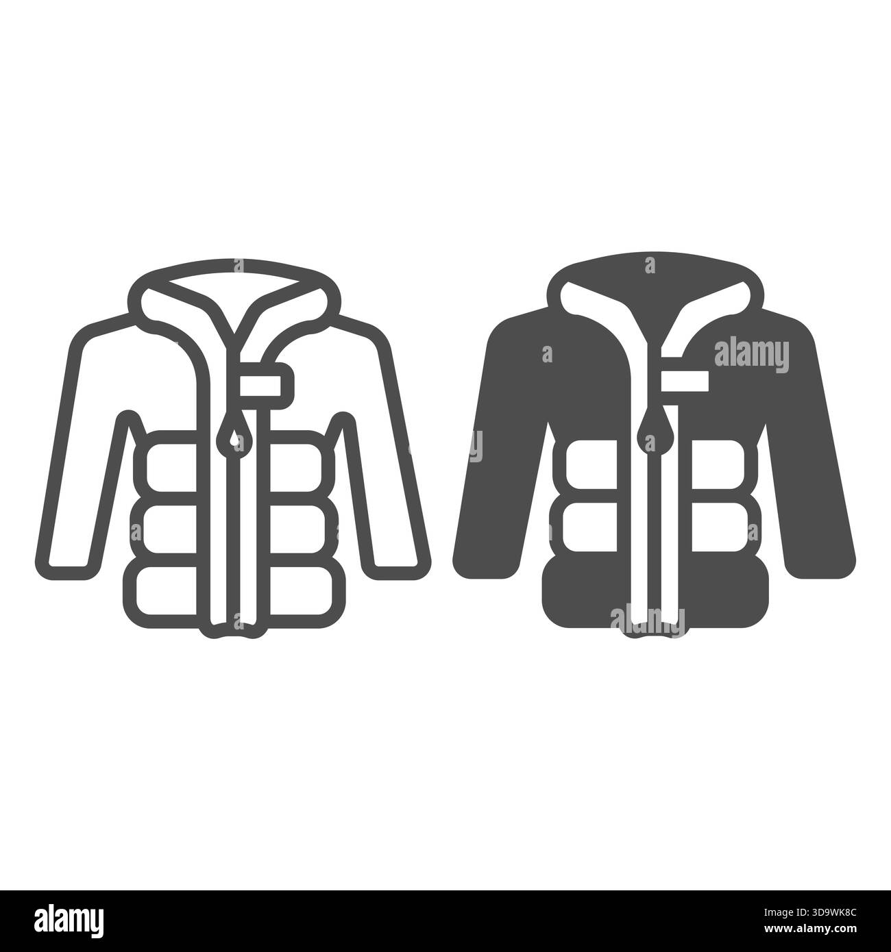Daunenjacke mit Reißverschluss und einfarbigem Symbol, Herbstbekleidung. Vektorgrafiken. Mantel ohne Kopfhaube für Männer, Kleiderschild auf weißem Hintergrund Stock Vektor